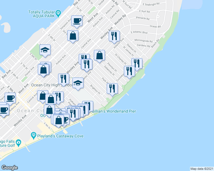 map of restaurants, bars, coffee shops, grocery stores, and more near 884 Park Place in Ocean City