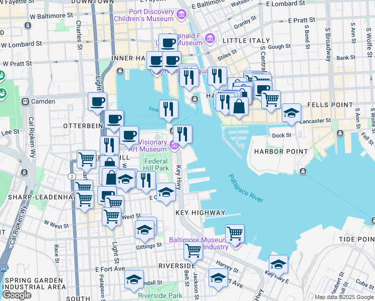 map of restaurants, bars, coffee shops, grocery stores, and more near 801 Key Highway in Baltimore