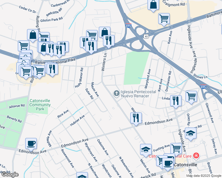 map of restaurants, bars, coffee shops, grocery stores, and more near 172 Winters Lane in Catonsville