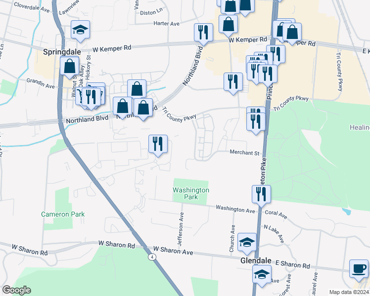 map of restaurants, bars, coffee shops, grocery stores, and more near 135 Merchant Street in Cincinnati