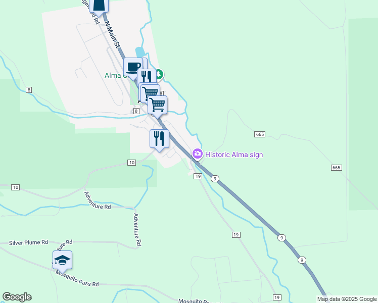 map of restaurants, bars, coffee shops, grocery stores, and more near 240 South Main Street in Alma