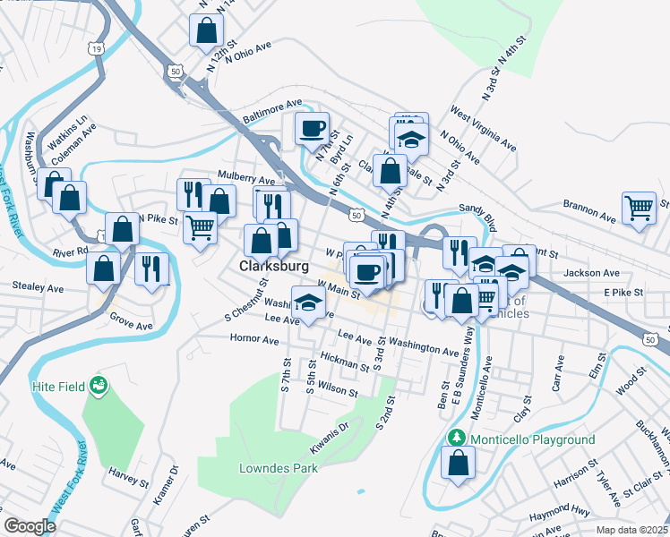 map of restaurants, bars, coffee shops, grocery stores, and more near 425 West Pike Street in Clarksburg