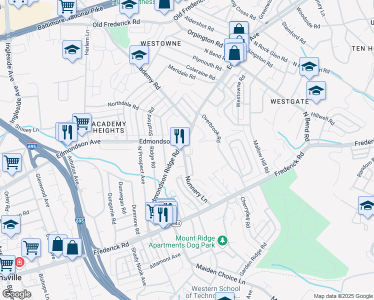 map of restaurants, bars, coffee shops, grocery stores, and more near 147-149 Nunnery Lane in Catonsville
