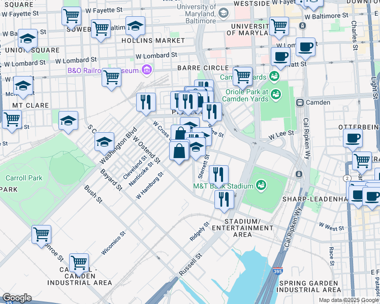 map of restaurants, bars, coffee shops, grocery stores, and more near 1002 Scott Street in Baltimore