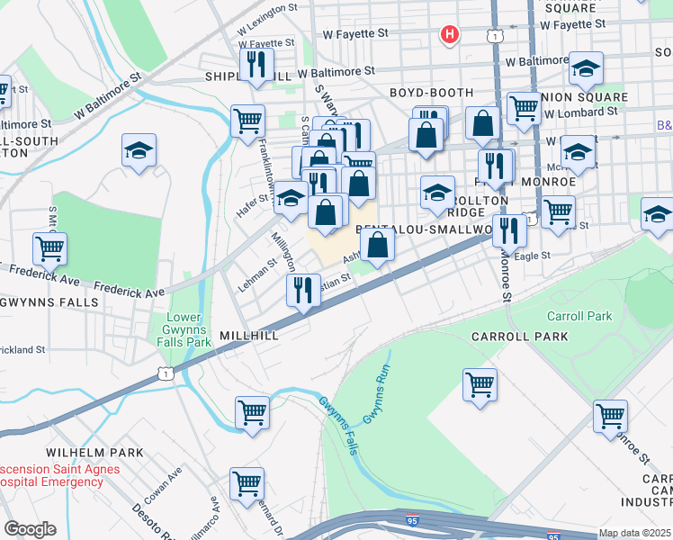 map of restaurants, bars, coffee shops, grocery stores, and more near 2417 Ashton Street in Baltimore