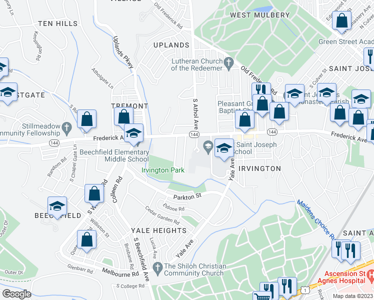 map of restaurants, bars, coffee shops, grocery stores, and more near 335 Marydell Road in Baltimore
