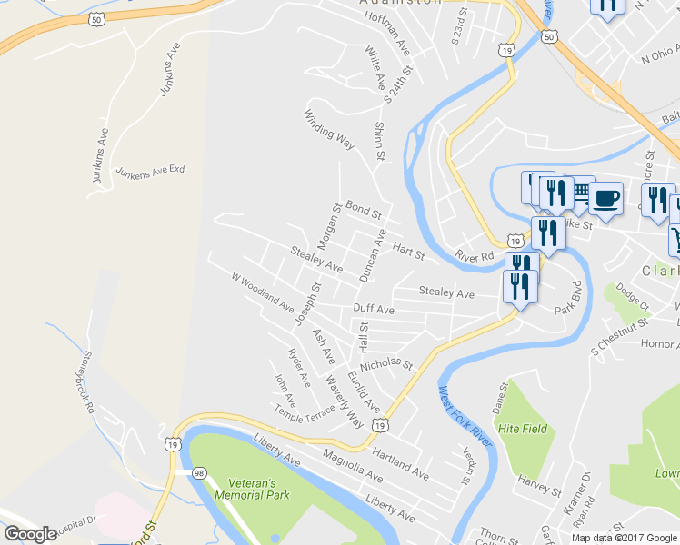 map of restaurants, bars, coffee shops, grocery stores, and more near 615 Stealey Avenue in Clarksburg