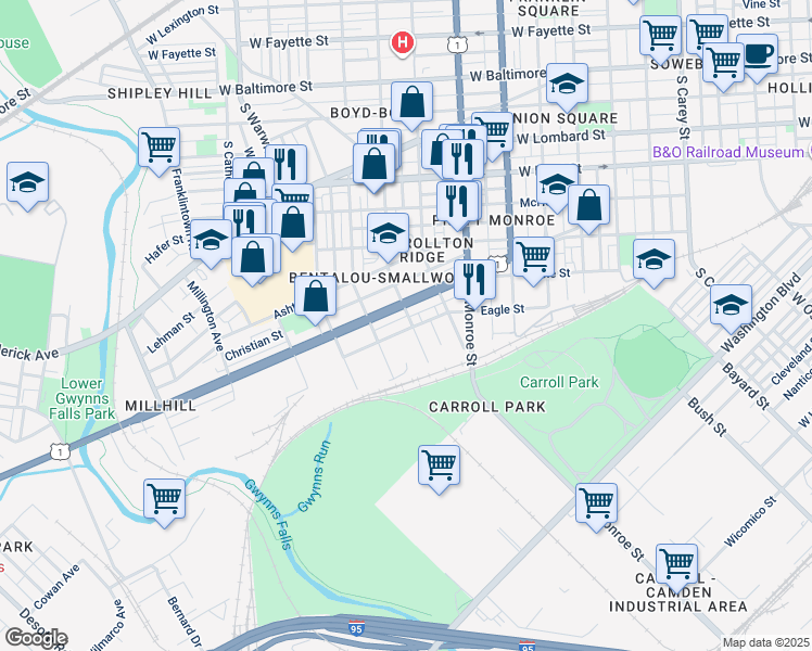 map of restaurants, bars, coffee shops, grocery stores, and more near 514 South Pulaski Street in Baltimore