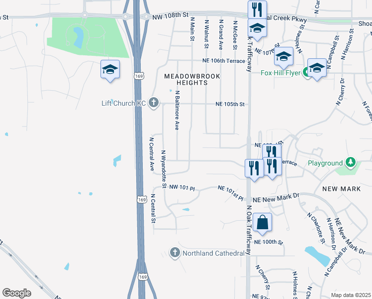map of restaurants, bars, coffee shops, grocery stores, and more near 10228 North Main Street in Kansas City