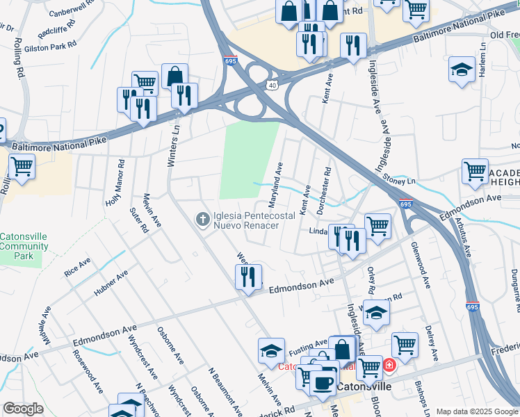 map of restaurants, bars, coffee shops, grocery stores, and more near 425 Delaware Place in Catonsville