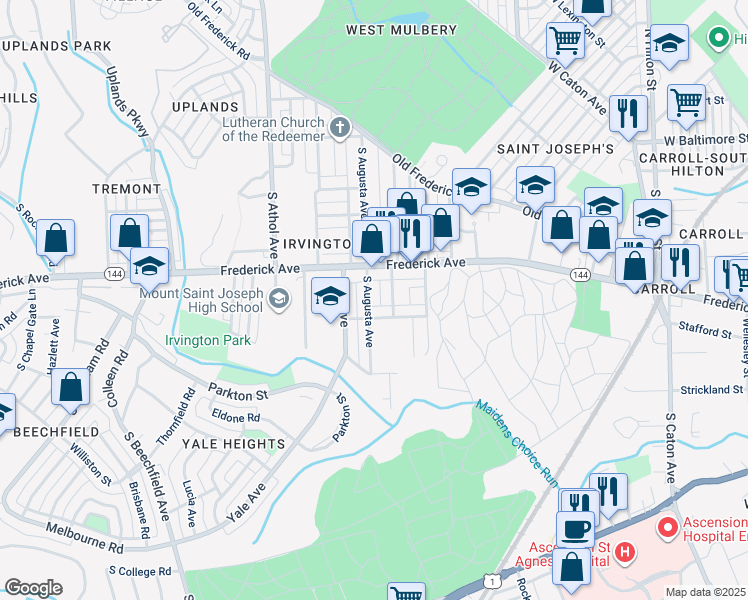 map of restaurants, bars, coffee shops, grocery stores, and more near 319 South Augusta Avenue in Baltimore