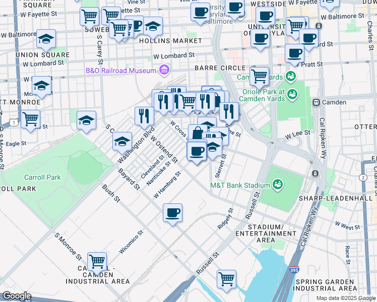 map of restaurants, bars, coffee shops, grocery stores, and more near 1114 Dexter St in Baltimore