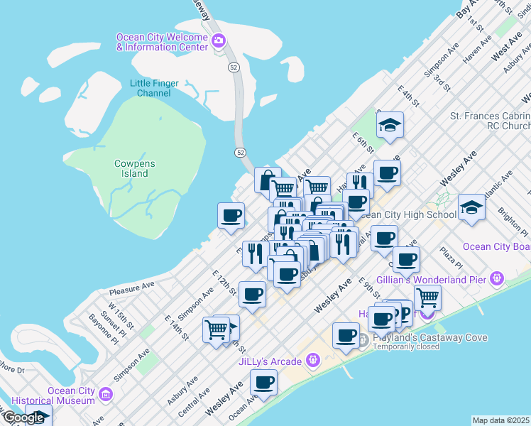 map of restaurants, bars, coffee shops, grocery stores, and more near 927 Bay Avenue in Ocean City