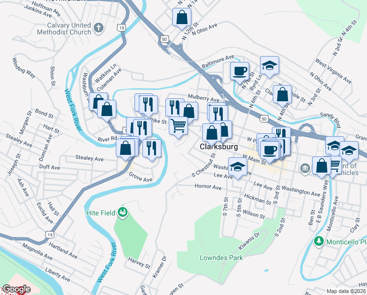 map of restaurants, bars, coffee shops, grocery stores, and more near 117 Stuart Street in Clarksburg