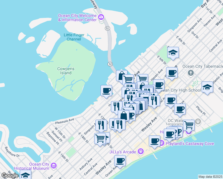 map of restaurants, bars, coffee shops, grocery stores, and more near 22 West 10th Street in Ocean City