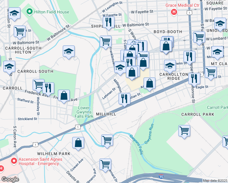 map of restaurants, bars, coffee shops, grocery stores, and more near 2613 Lehman St in Baltimore