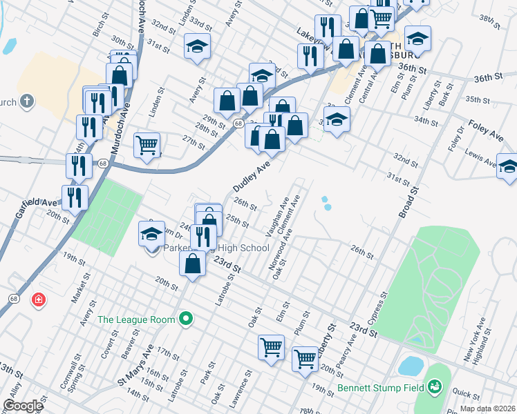 map of restaurants, bars, coffee shops, grocery stores, and more near 2537 Grand Avenue in Parkersburg