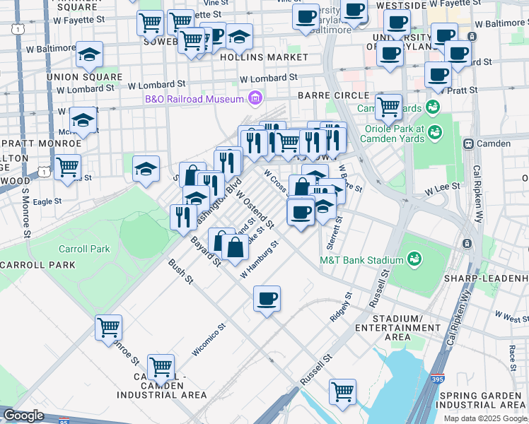 map of restaurants, bars, coffee shops, grocery stores, and more near 1179 Cleveland Street in Baltimore