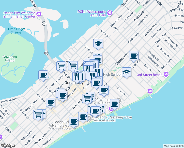 map of restaurants, bars, coffee shops, grocery stores, and more near 725 Asbury Avenue in Ocean City