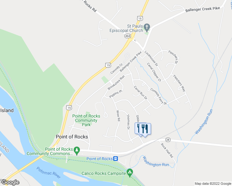 map of restaurants, bars, coffee shops, grocery stores, and more near 3816 Pippins Place in Point of Rocks