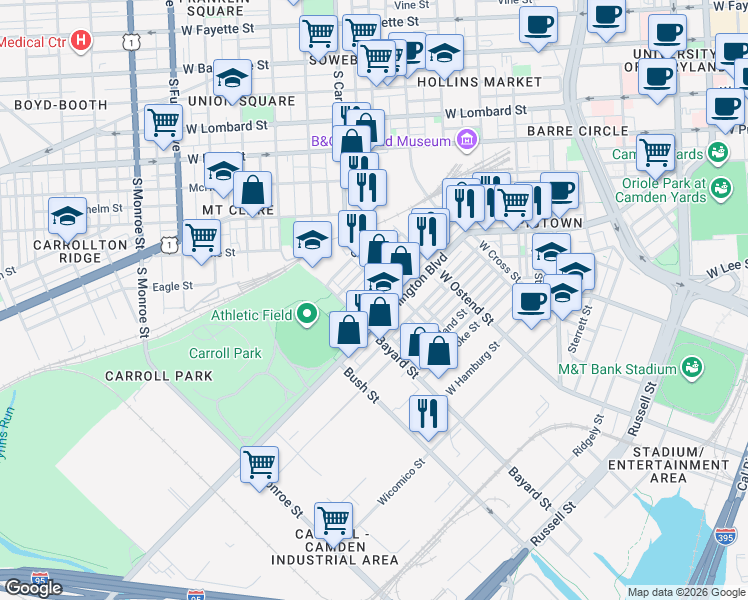 map of restaurants, bars, coffee shops, grocery stores, and more near 1324 Sargeant Street in Baltimore
