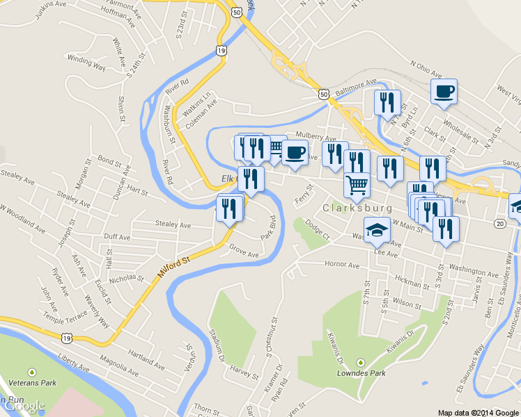 map of restaurants, bars, coffee shops, grocery stores, and more near 126 Park Blvd in Clarksburg