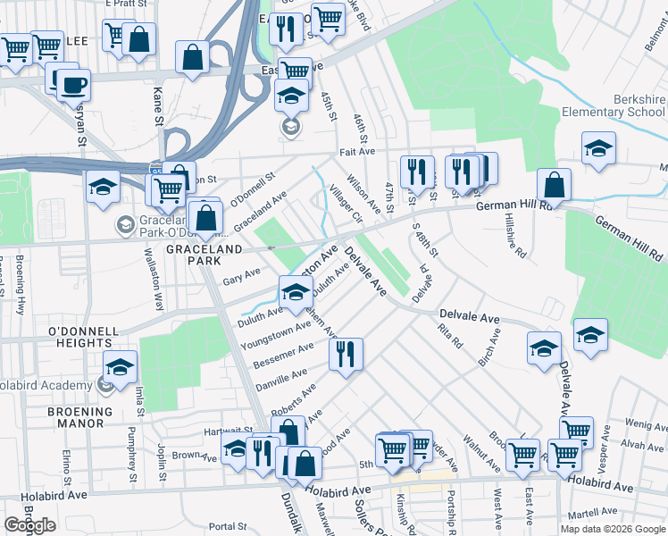 map of restaurants, bars, coffee shops, grocery stores, and more near 6846 Duluth Avenue in Dundalk