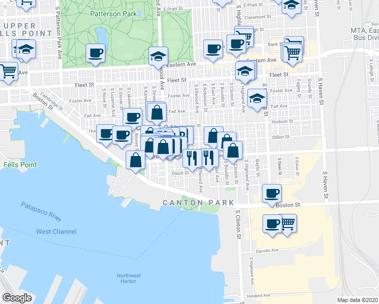 map of restaurants, bars, coffee shops, grocery stores, and more near 3014 O Donnell Street in Baltimore