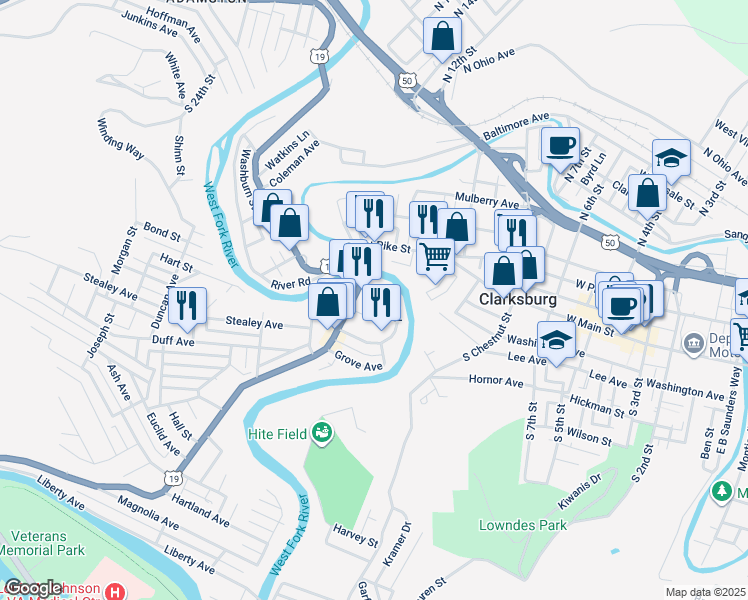 map of restaurants, bars, coffee shops, grocery stores, and more near 126 Park Blvd in Clarksburg