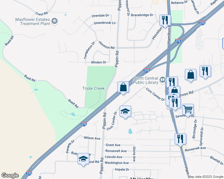 map of restaurants, bars, coffee shops, grocery stores, and more near 11146-11194 Pippin Road in Cincinnati
