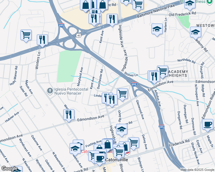 map of restaurants, bars, coffee shops, grocery stores, and more near 705 Woodsdale Road in Catonsville