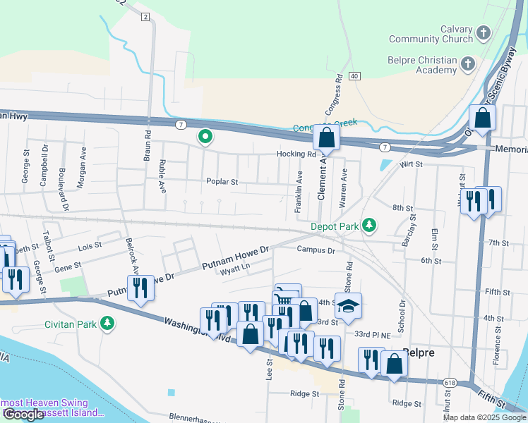 map of restaurants, bars, coffee shops, grocery stores, and more near 1392 Boulevard Drive in Belpre