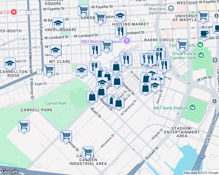 map of restaurants, bars, coffee shops, grocery stores, and more near 1273 Washington Boulevard in Baltimore