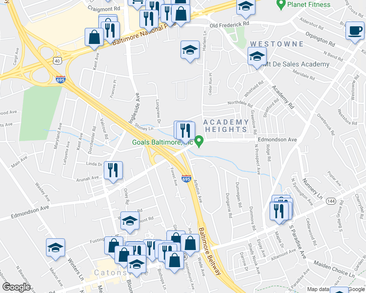 map of restaurants, bars, coffee shops, grocery stores, and more near 504 Edmondson Avenue in Catonsville