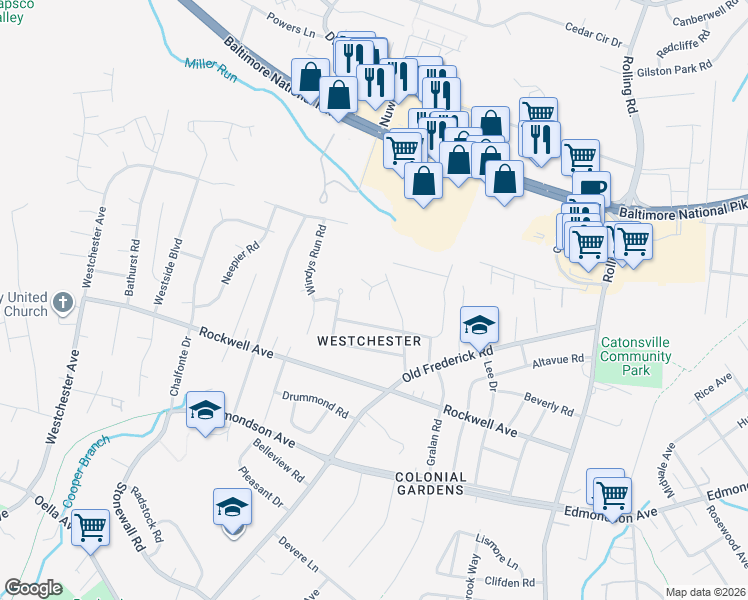 map of restaurants, bars, coffee shops, grocery stores, and more near 9 Catonridge Court in Catonsville