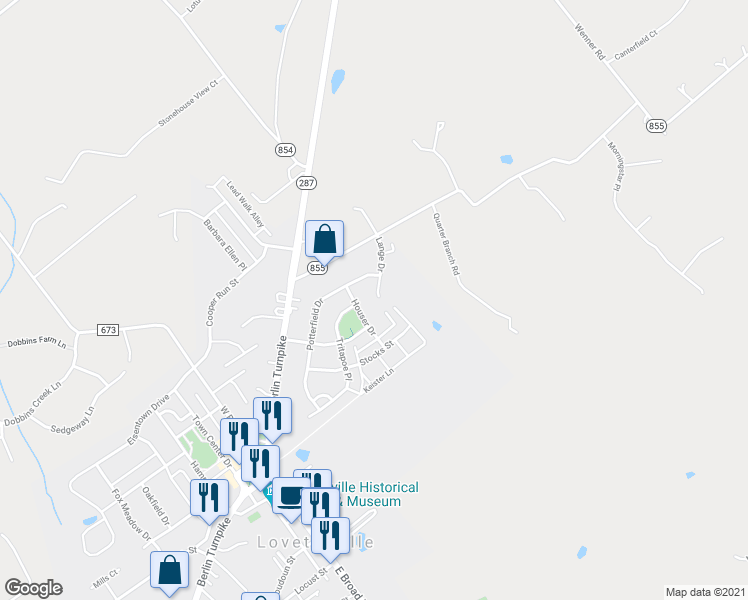 map of restaurants, bars, coffee shops, grocery stores, and more near 32 Lange Drive in Lovettsville