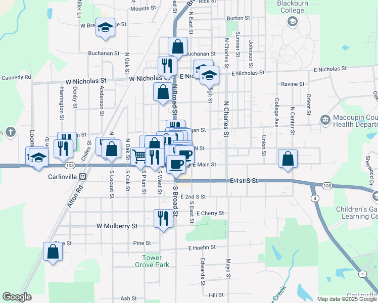 map of restaurants, bars, coffee shops, grocery stores, and more near 131 East 1st North Street in Carlinville
