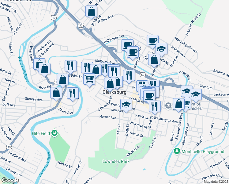 map of restaurants, bars, coffee shops, grocery stores, and more near in Clarksburg