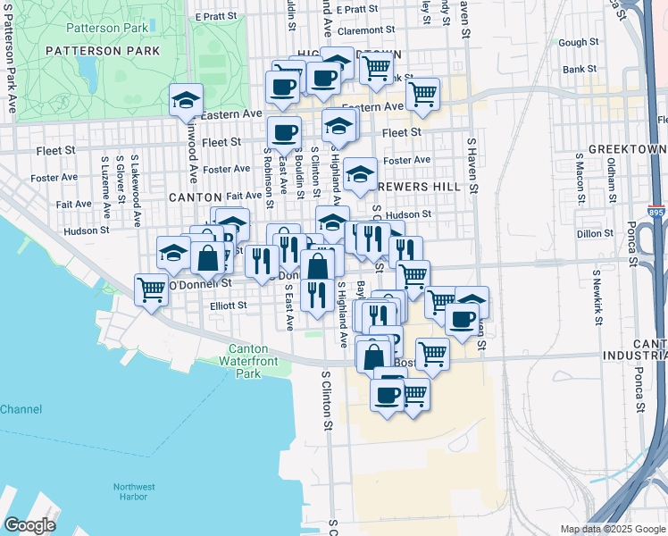 map of restaurants, bars, coffee shops, grocery stores, and more near 3320 O'Donnell St in Baltimore