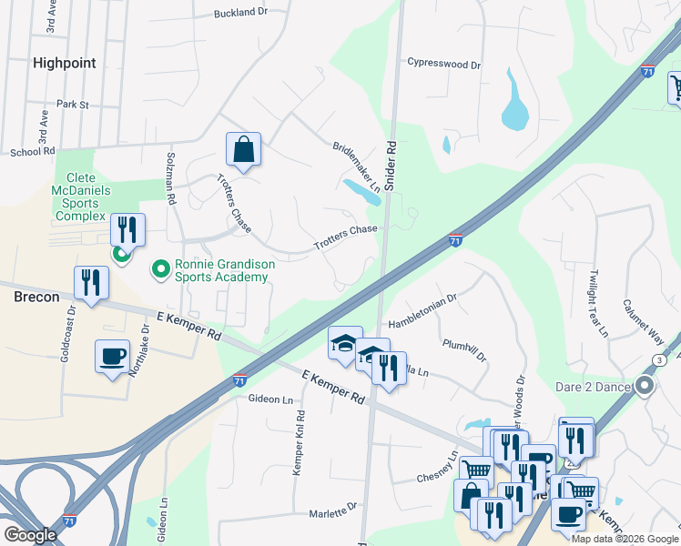 map of restaurants, bars, coffee shops, grocery stores, and more near 11652 Chancery Lane in Cincinnati
