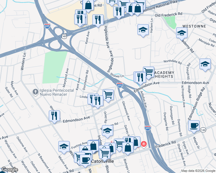 map of restaurants, bars, coffee shops, grocery stores, and more near 612 Woodsdale Road in Catonsville