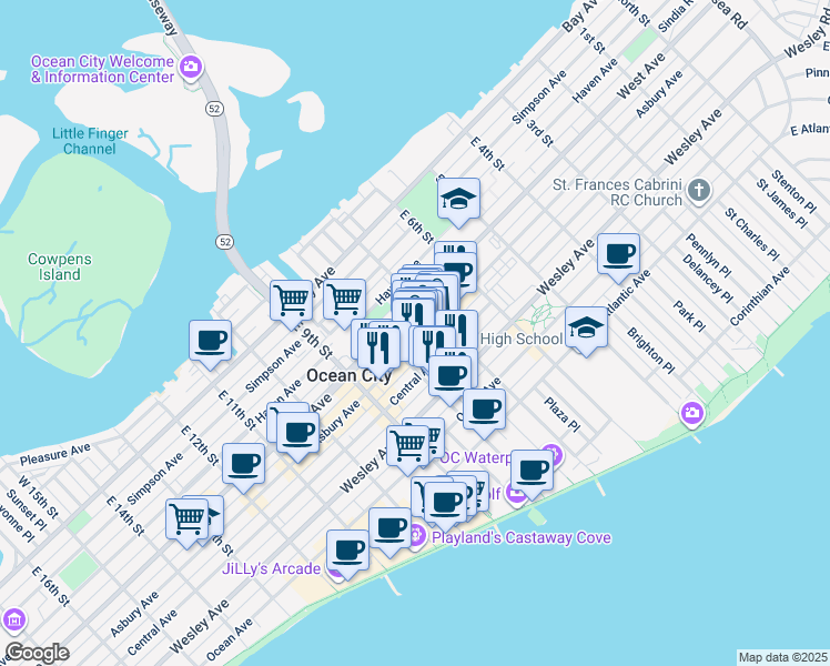 map of restaurants, bars, coffee shops, grocery stores, and more near 725 Asbury Avenue in Ocean City