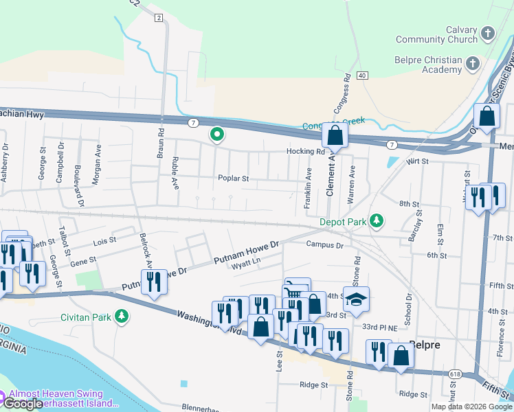 map of restaurants, bars, coffee shops, grocery stores, and more near 1398 Boulevard Drive in Belpre