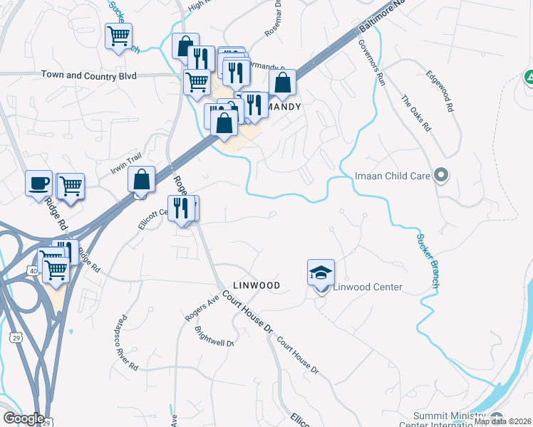 map of restaurants, bars, coffee shops, grocery stores, and more near 3385 Oak West Drive in Ellicott City