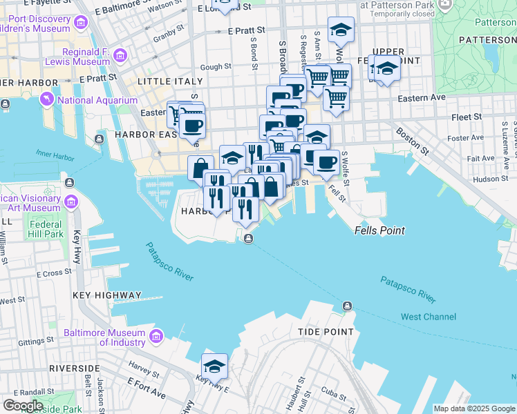 map of restaurants, bars, coffee shops, grocery stores, and more near 1532 Thames Street in Baltimore