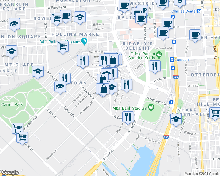 map of restaurants, bars, coffee shops, grocery stores, and more near Scott St & W Hamburg St in Baltimore