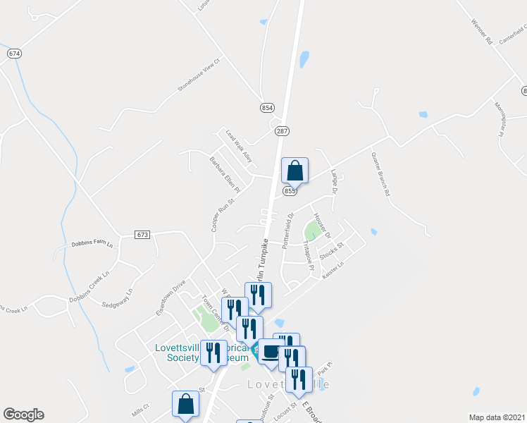map of restaurants, bars, coffee shops, grocery stores, and more near 29 North Berlin Pike in Lovettsville