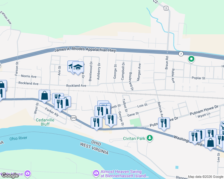 map of restaurants, bars, coffee shops, grocery stores, and more near 767 George Street in Belpre