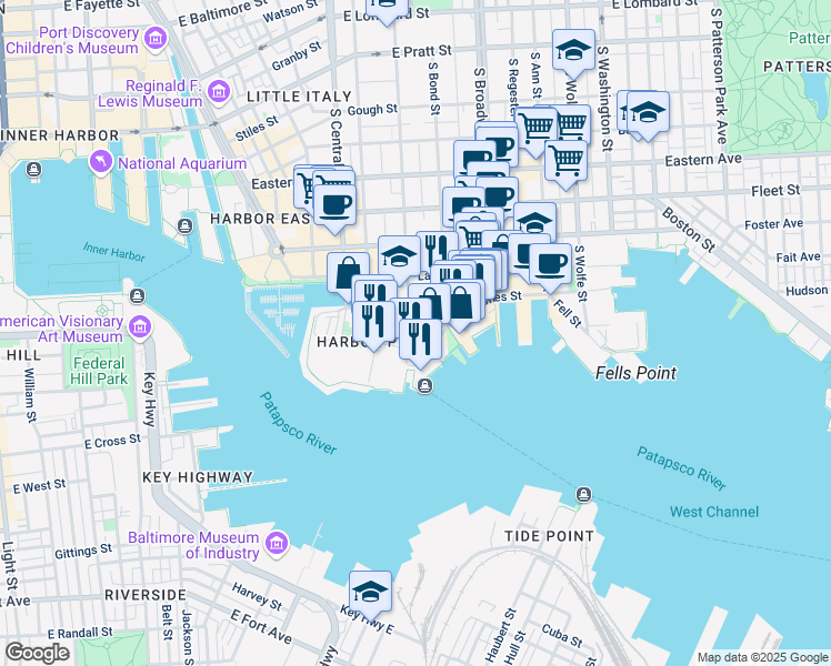 map of restaurants, bars, coffee shops, grocery stores, and more near 1000 South Caroline Street in Baltimore