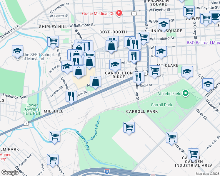 map of restaurants, bars, coffee shops, grocery stores, and more near Wilkens Ave & S Smallwood St in Baltimore